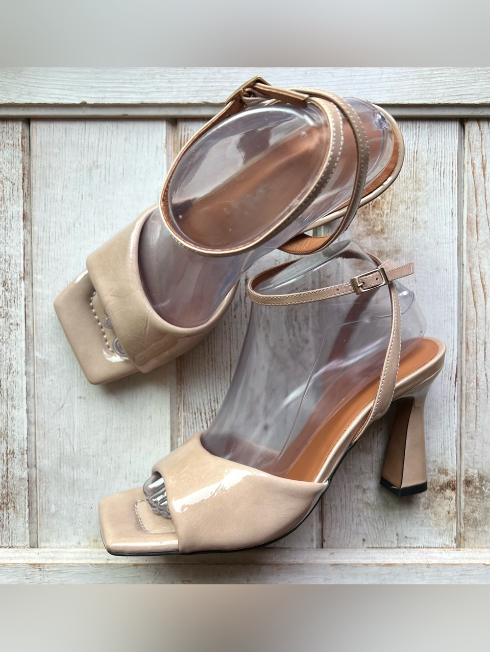 MAEVE Puffy Ankle Strap Heels Nude Patent Leather Open Square Toe